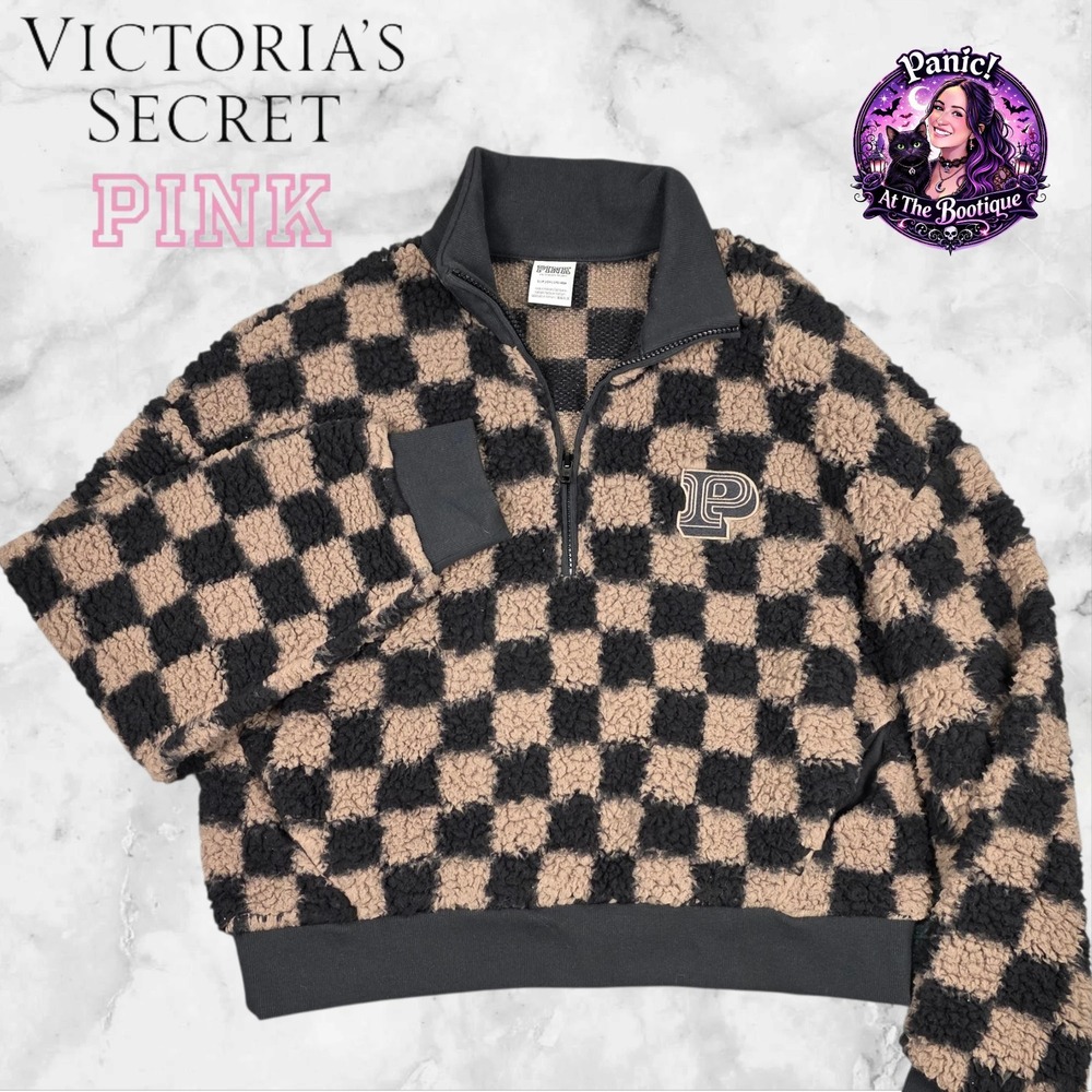 VS PINK Pullover Jacket Women Small Sherpa Black Fleece Y2K Preppy Cozy Retro